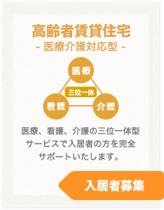 高齢者賃貸住宅 - 医療介護対応型 - 医療、看護、介護の三位一体型サービスで入居者の方を完全サポートいたします。入居者募集